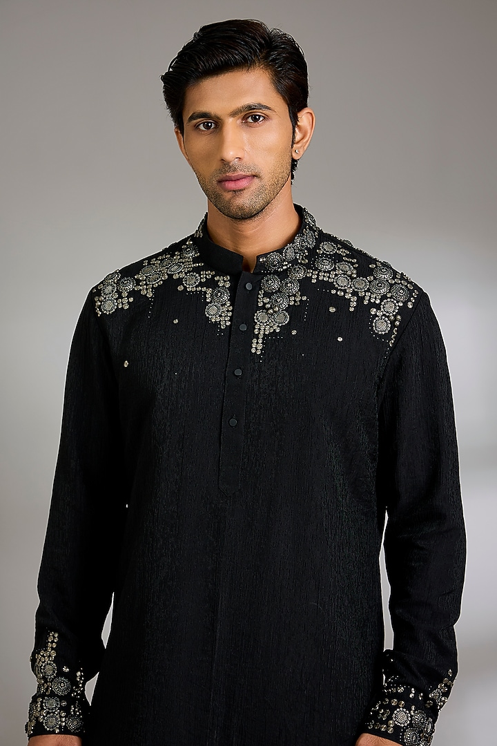 Black Silk Kurta Set by Qbik Men at Pernia's Pop Up Shop