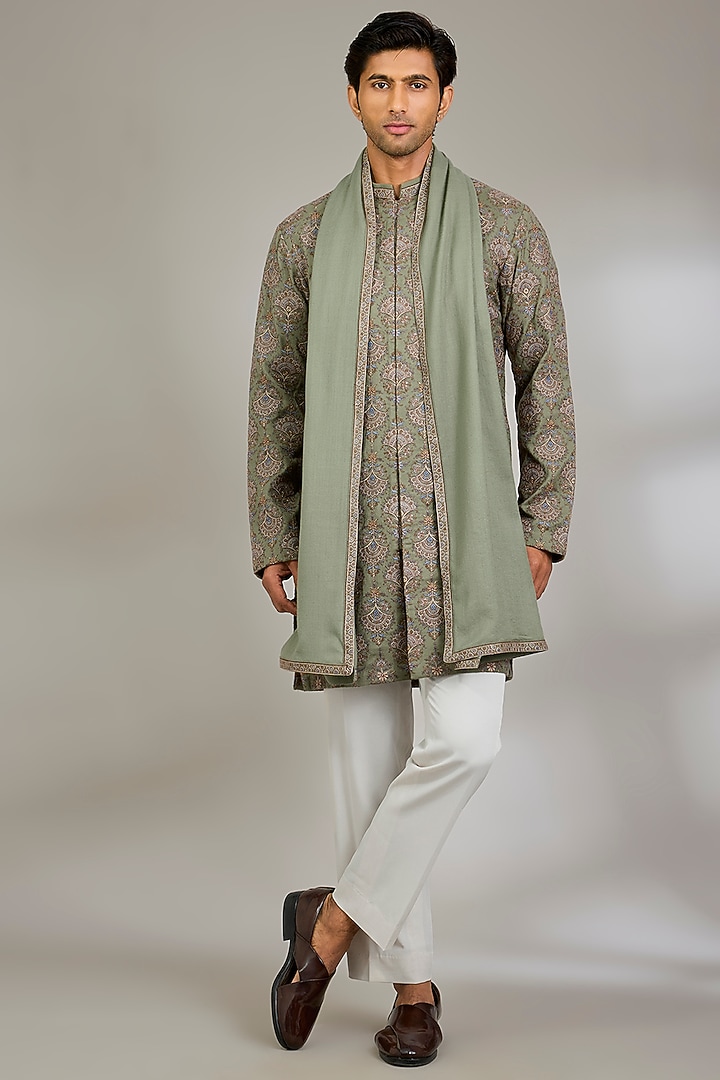 Pista Green Silk Groom Indowestern Jacket With Dupatta by Qbik Men at Pernia's Pop Up Shop