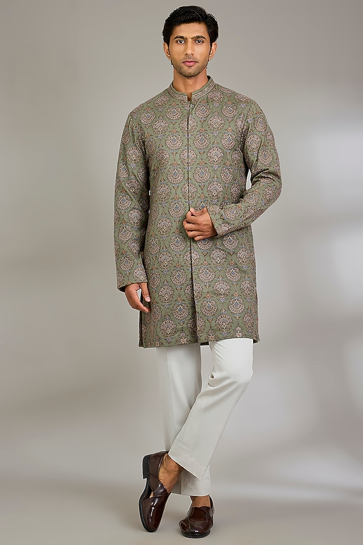 Pista Green Silk Groom Indowestern Jacket With Dupatta by Qbik Men at Pernia's Pop Up Shop