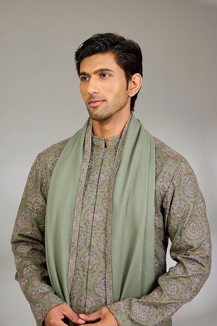 Pista Green Silk Groom Indowestern Jacket With Dupatta by Qbik Men at Pernia's Pop Up Shop