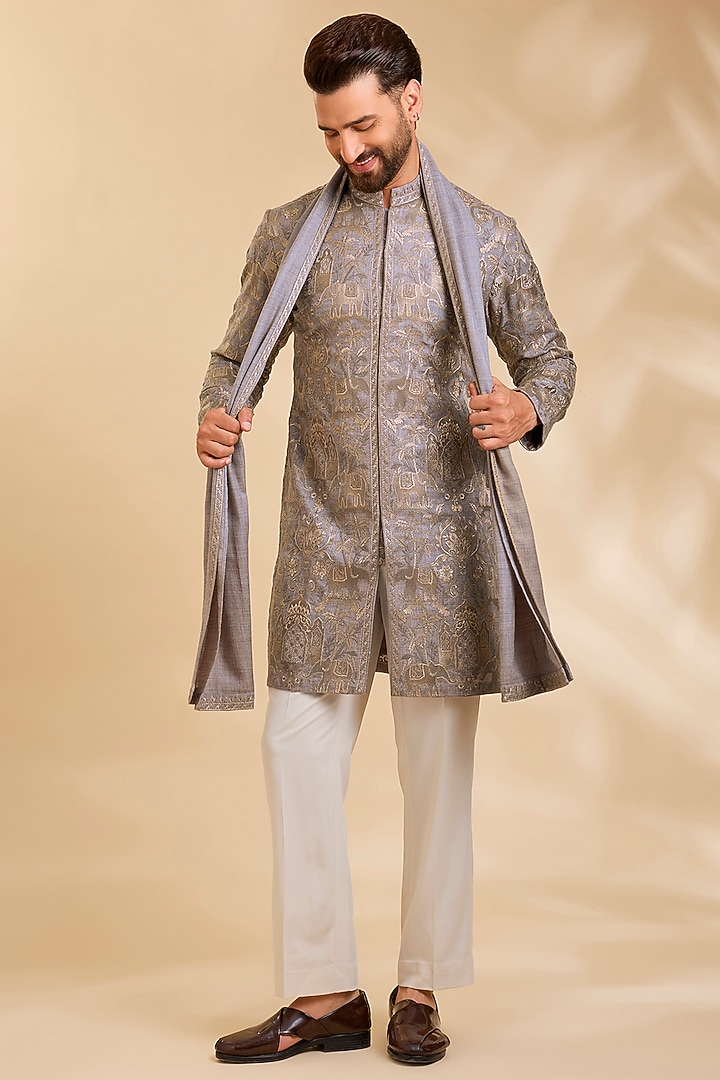 Grey Silk Kurta Set by Qbik Men at Pernia's Pop Up Shop