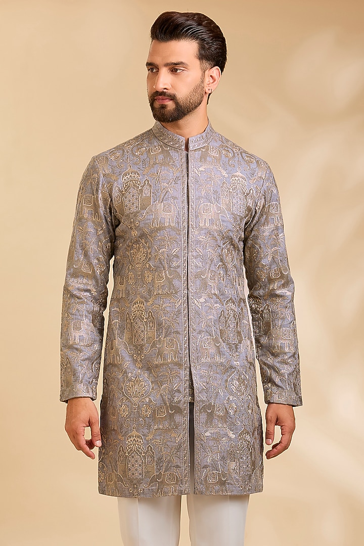 Grey Silk Kurta Set by Qbik Men at Pernia's Pop Up Shop