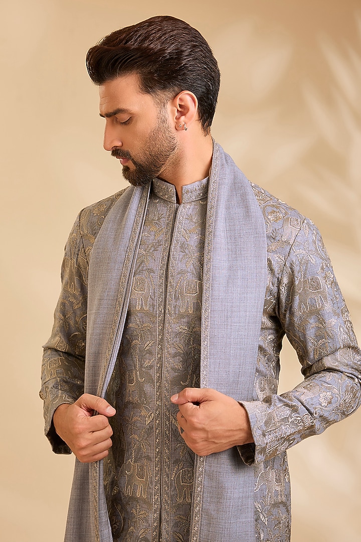 Grey Silk Kurta Set by Qbik Men at Pernia's Pop Up Shop