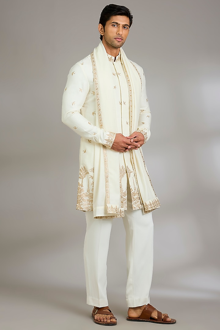 Ivory Silk Groom Indowestern Jacket With Dupatta by Qbik Men at Pernia's Pop Up Shop