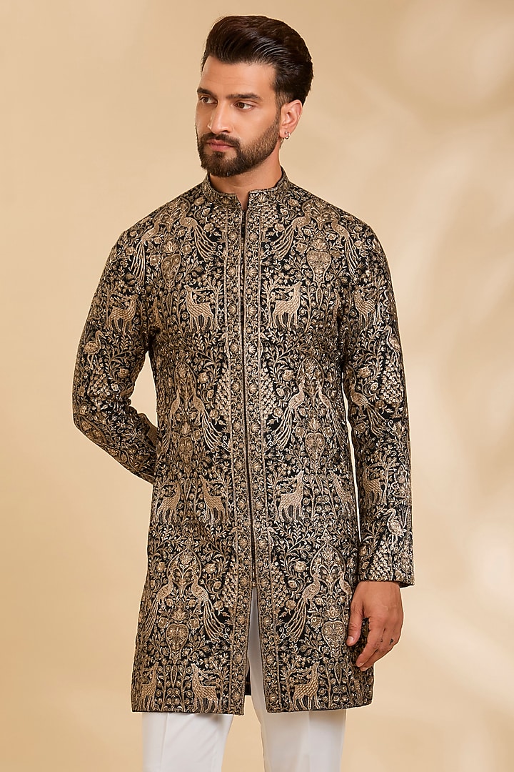 Black Silk Kurta Set by Qbik Men at Pernia's Pop Up Shop
