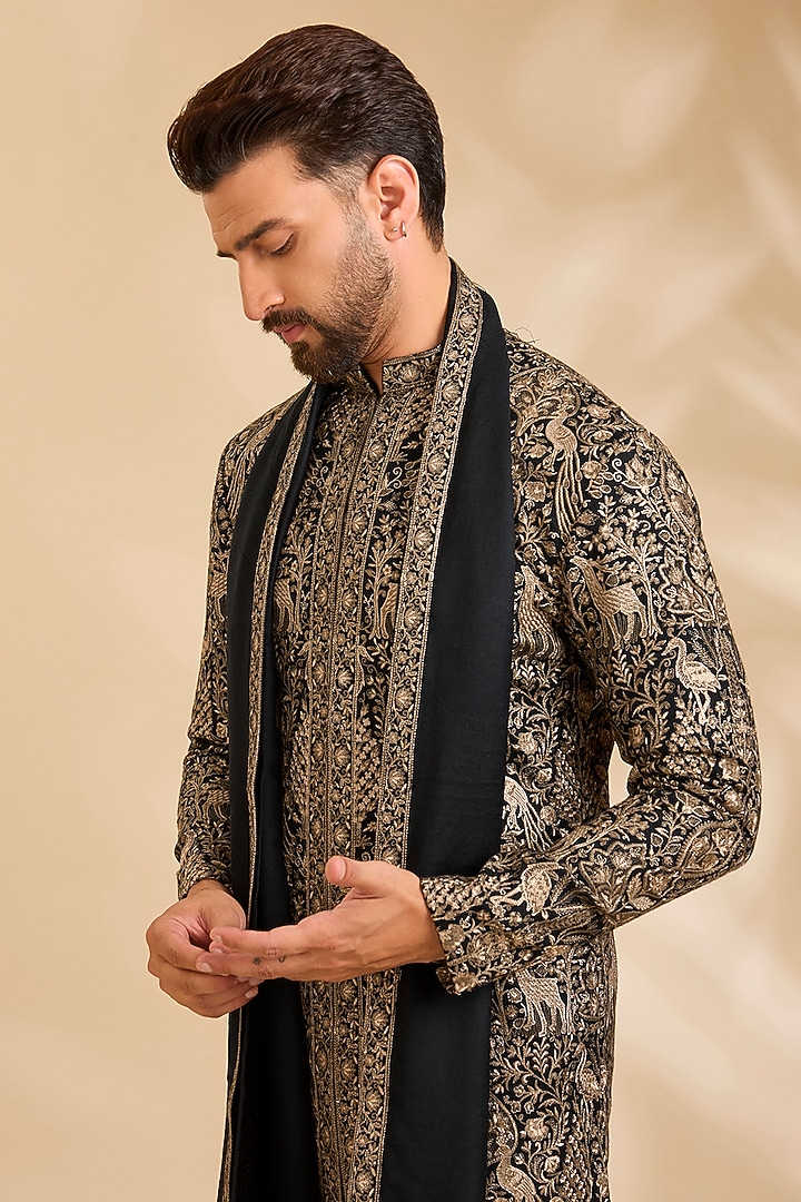 Black Silk Kurta Set by Qbik Men at Pernia's Pop Up Shop