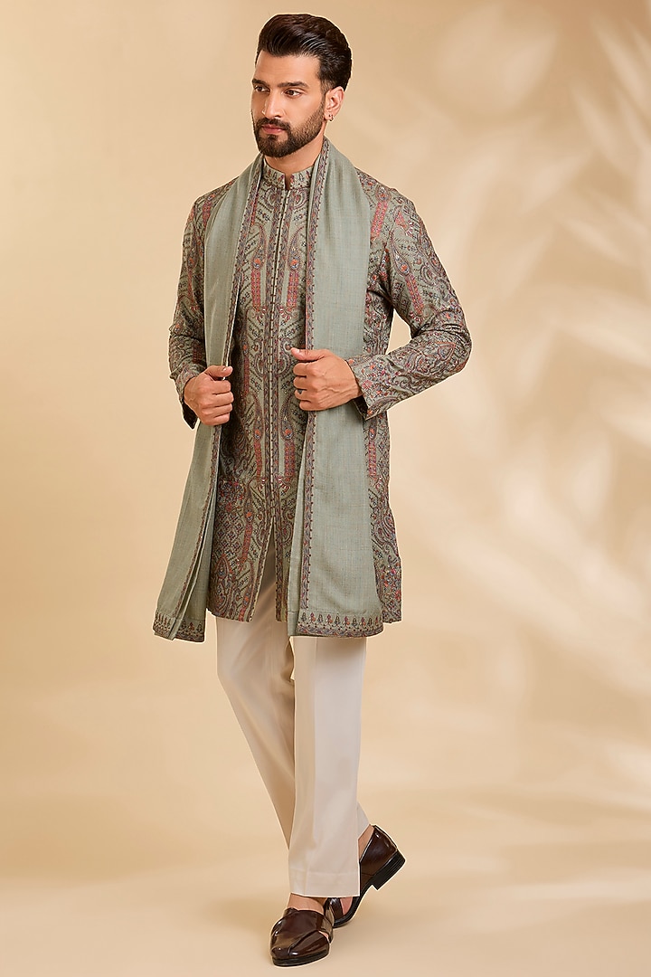 Pista-Colored Silk Kurta Set by Qbik Men at Pernia's Pop Up Shop