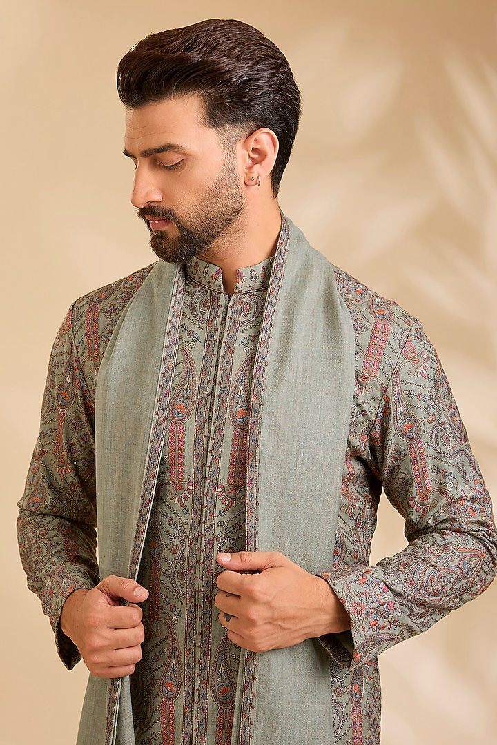 Pista-Colored Silk Kurta Set by Qbik Men at Pernia's Pop Up Shop