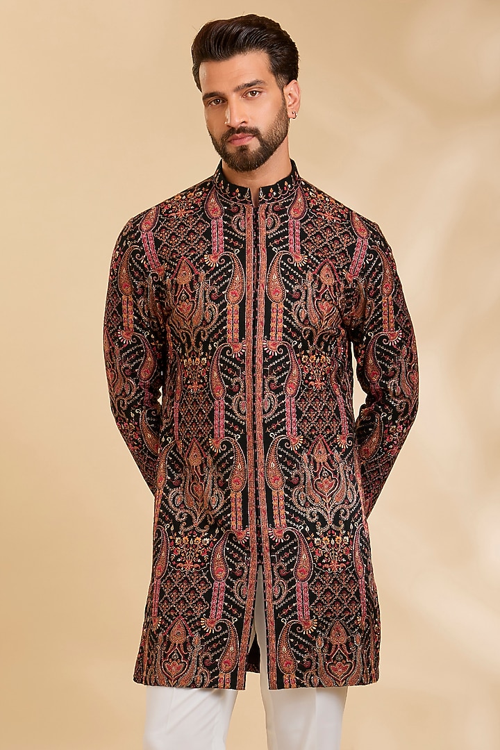 Black Silk Kurta Set by Qbik Men at Pernia's Pop Up Shop