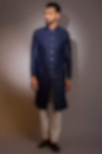 Navy Jacquard & Cotton Silk Embroidered Sherwani by Qbik Men