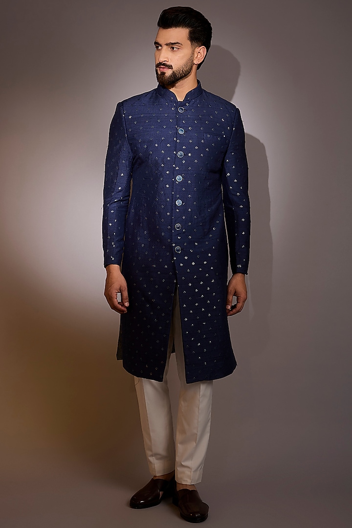 Navy Jacquard & Cotton Silk Embroidered Sherwani by Qbik Men