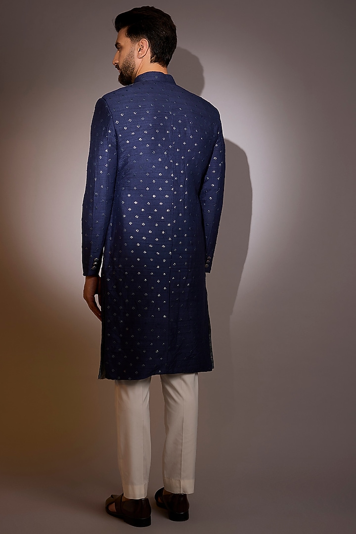 Navy Jacquard & Cotton Silk Embroidered Sherwani by Qbik Men at Pernia's Pop Up Shop