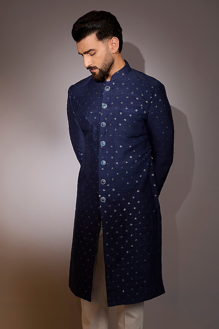 Navy Jacquard & Cotton Silk Embroidered Sherwani by Qbik Men at Pernia's Pop Up Shop