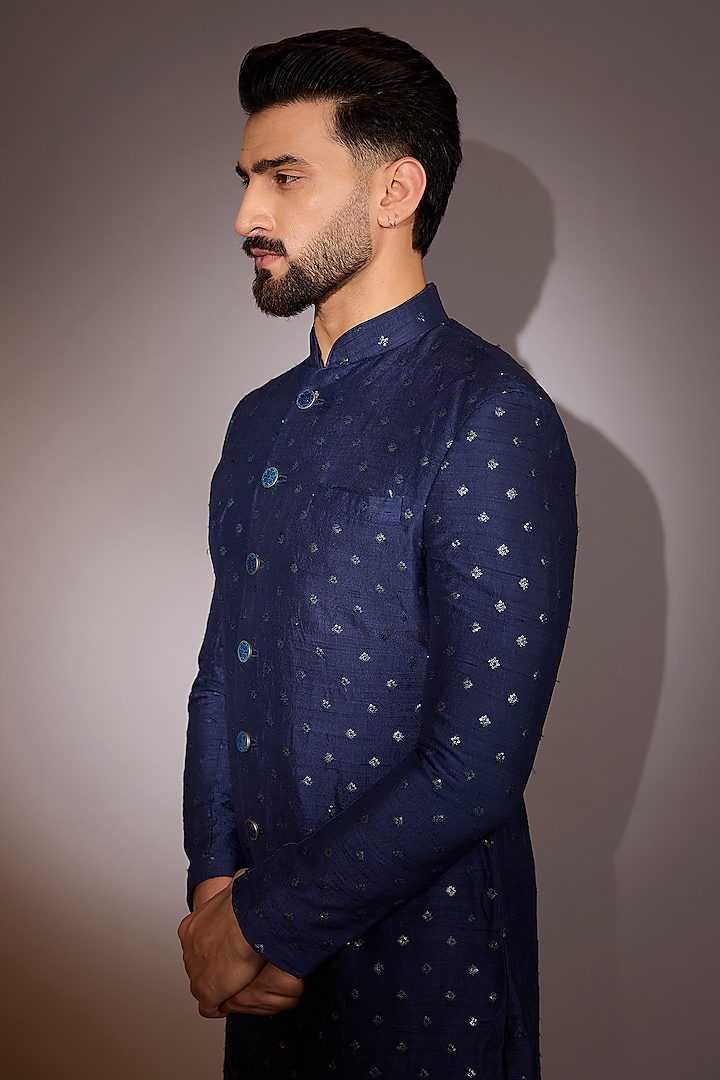 Navy Jacquard & Cotton Silk Embroidered Sherwani by Qbik Men at Pernia's Pop Up Shop