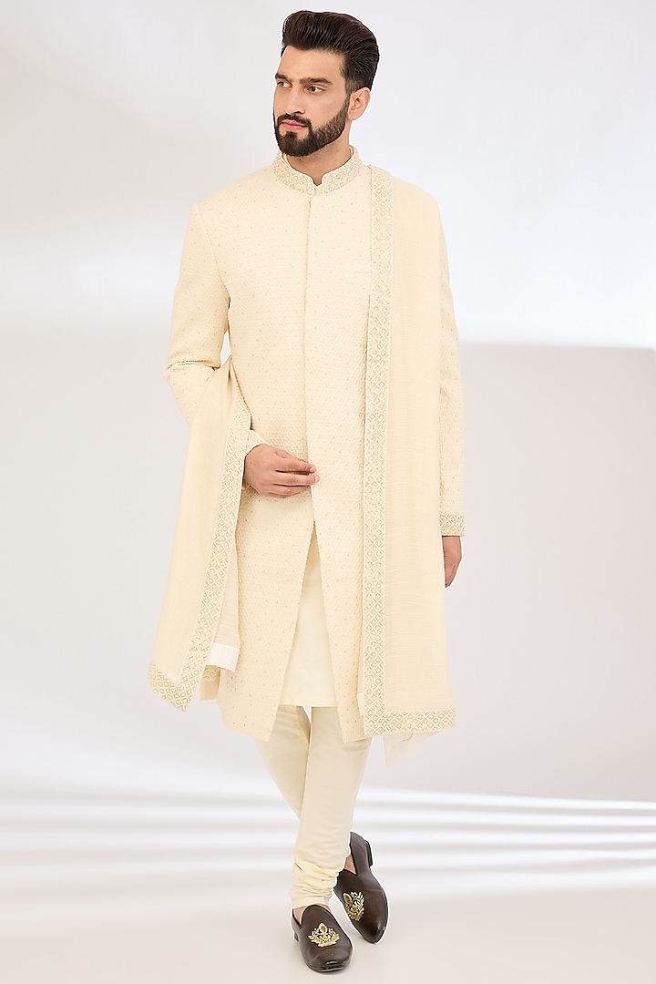 Cream Jacquard Embroidered Sherwani Set by Qbik Men at Pernia's Pop Up Shop