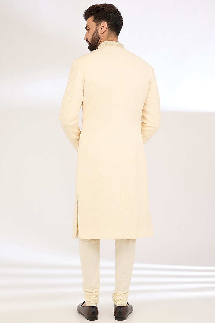 Cream Jacquard Embroidered Sherwani Set by Qbik Men at Pernia's Pop Up Shop