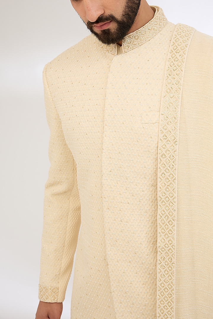 Cream Jacquard Embroidered Sherwani Set by Qbik Men at Pernia's Pop Up Shop