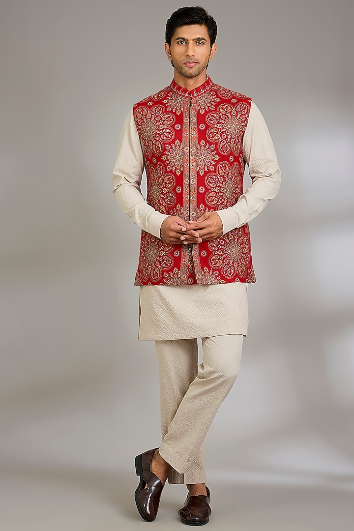 Red Silk Bundi Jacket Set by Qbik Men at Pernia's Pop Up Shop