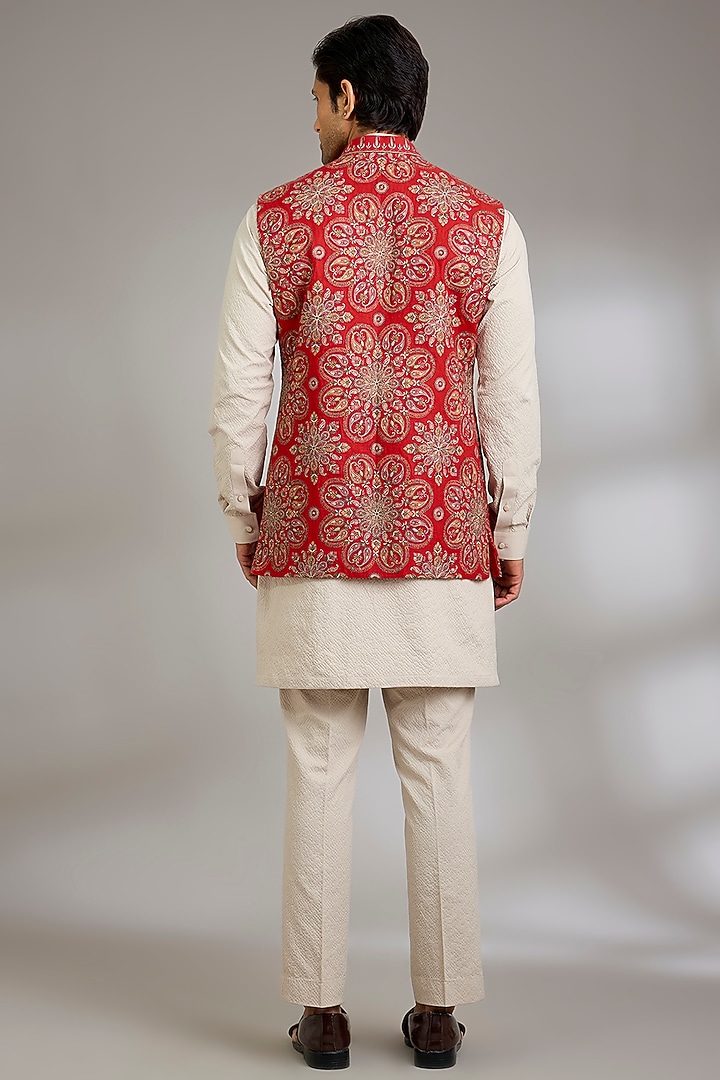 Red Silk Bundi Jacket Set by Qbik Men at Pernia's Pop Up Shop