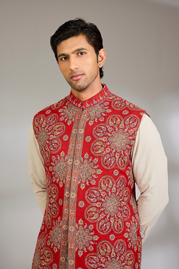 Red Silk Bundi Jacket Set by Qbik Men at Pernia's Pop Up Shop