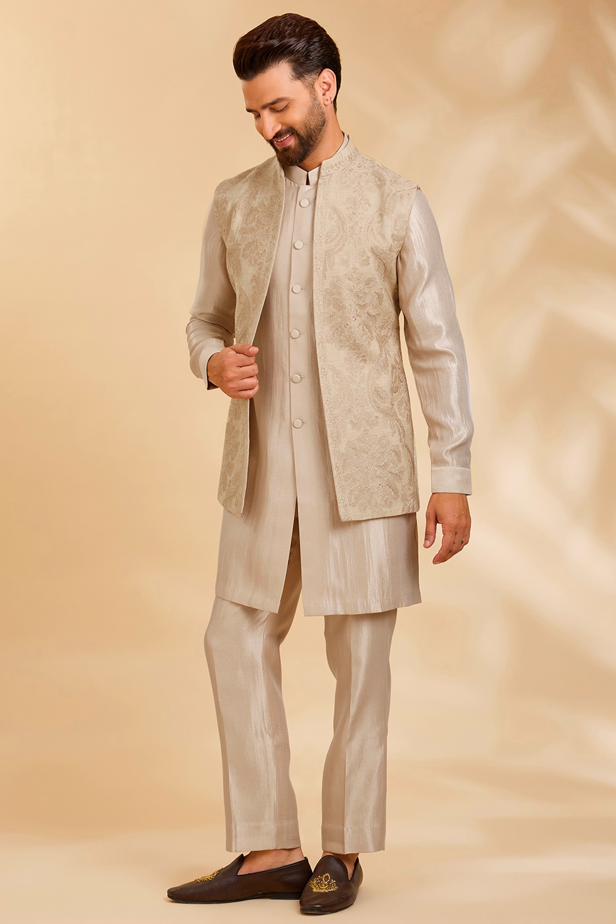 Qbik Beige Silk Bundi Jacket Set