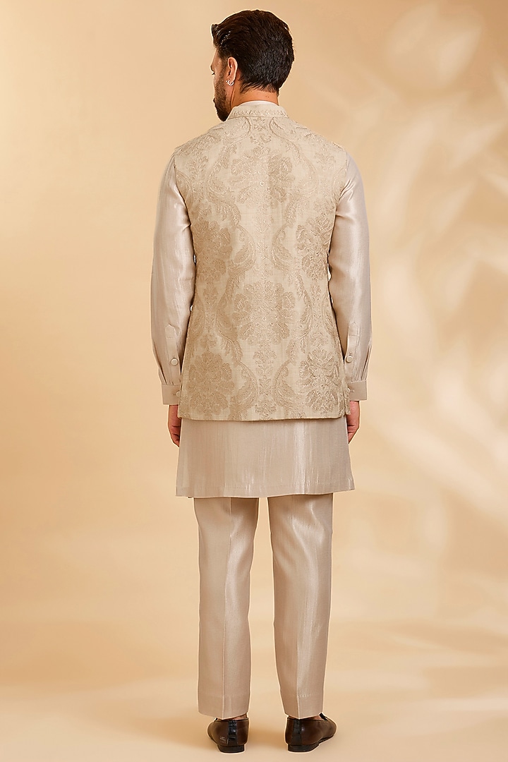 Beige Silk Bundi Jacket Set by Qbik Men at Pernia's Pop Up Shop