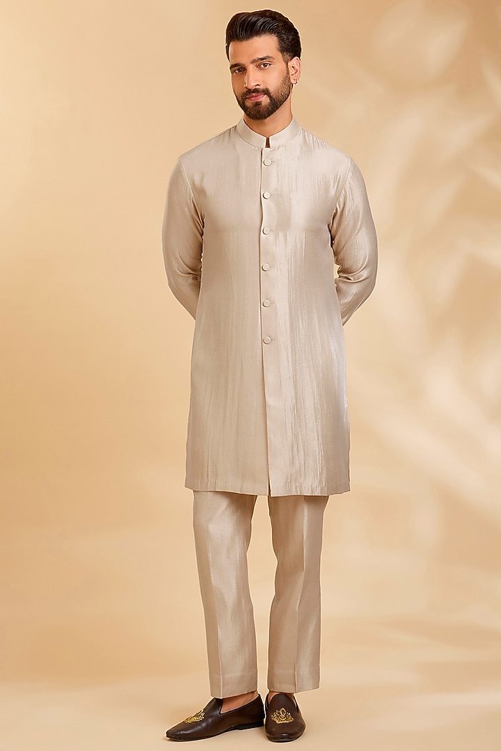 Beige Silk Bundi Jacket Set by Qbik Men at Pernia's Pop Up Shop