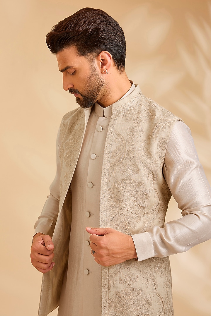 Beige Silk Bundi Jacket Set by Qbik Men at Pernia's Pop Up Shop