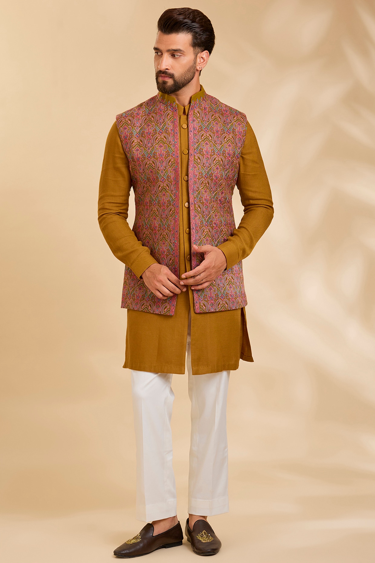 Qbik Mustard Silk Bundi Jacket Set