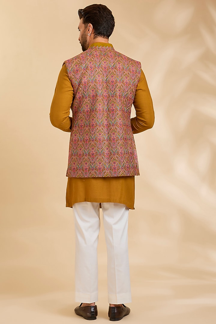 Mustard Silk Bundi Jacket Set by Qbik Men at Pernia's Pop Up Shop