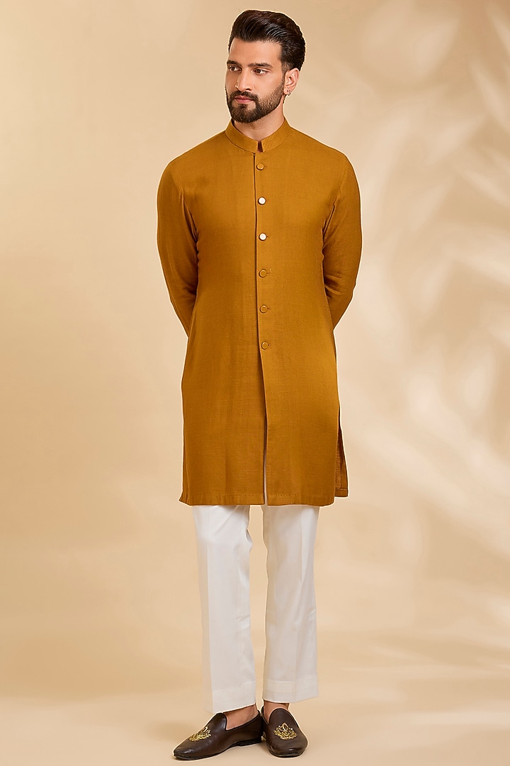 Mustard Silk Bundi Jacket Set by Qbik Men at Pernia's Pop Up Shop