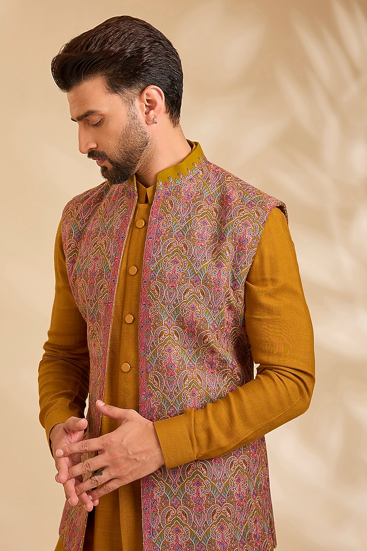 Mustard Silk Bundi Jacket Set by Qbik Men at Pernia's Pop Up Shop
