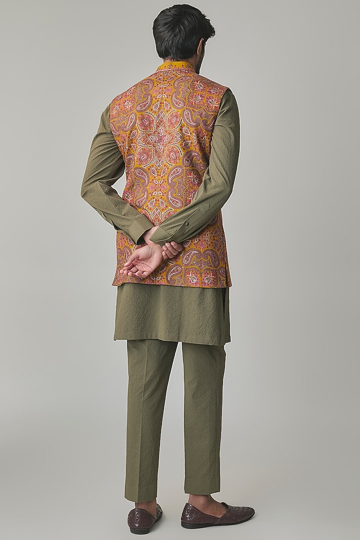 Mustard Wool Silk Blend Bundi Jacket Set by Qbik Men at Pernia's Pop Up Shop