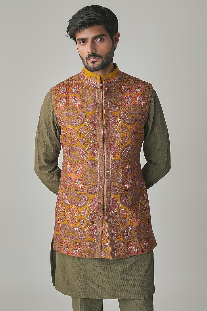 Mustard Wool Silk Blend Bundi Jacket Set by Qbik Men at Pernia's Pop Up Shop