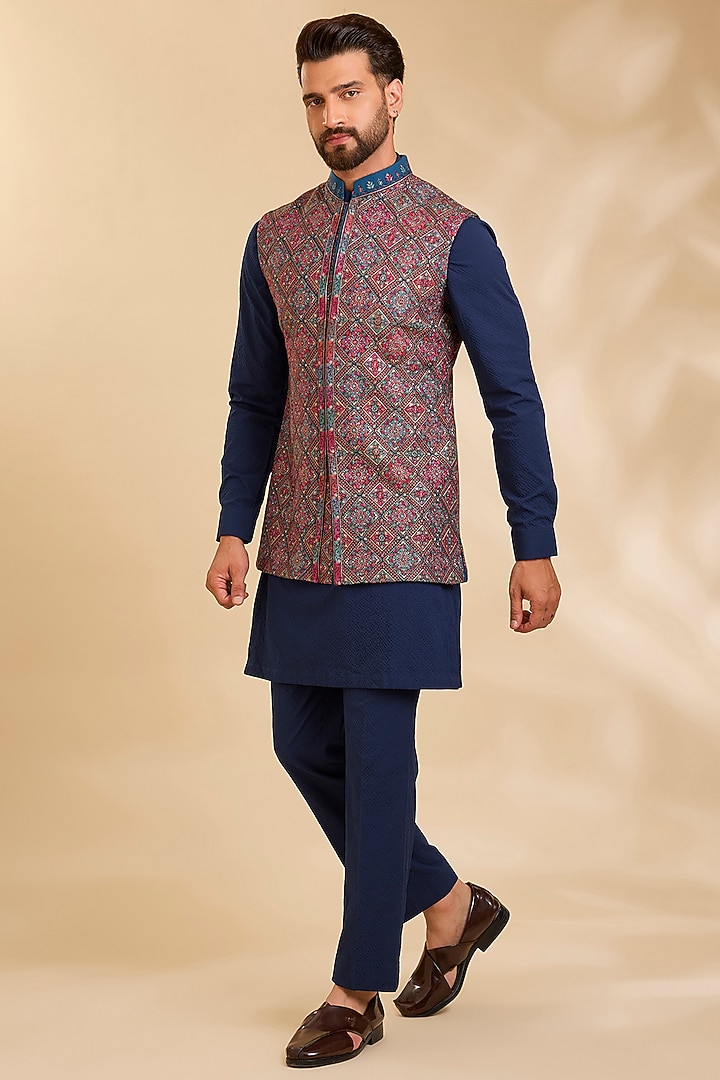 Blue Silk Bundi Jacket Set by Qbik Men at Pernia's Pop Up Shop