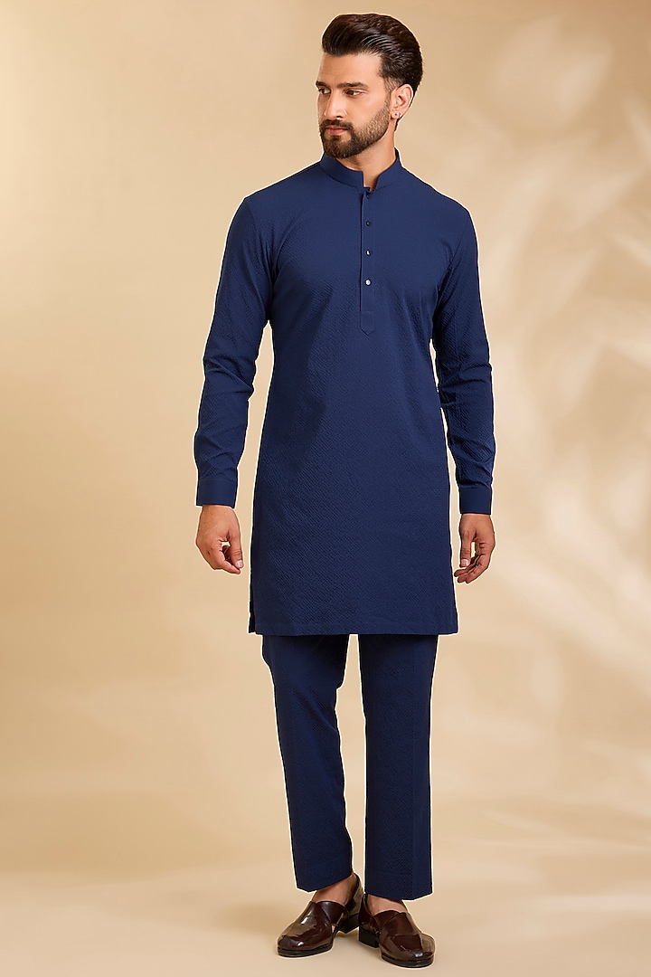 Blue Silk Bundi Jacket Set by Qbik Men at Pernia's Pop Up Shop