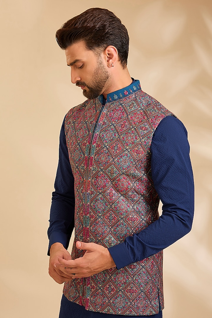 Blue Silk Bundi Jacket Set by Qbik Men at Pernia's Pop Up Shop