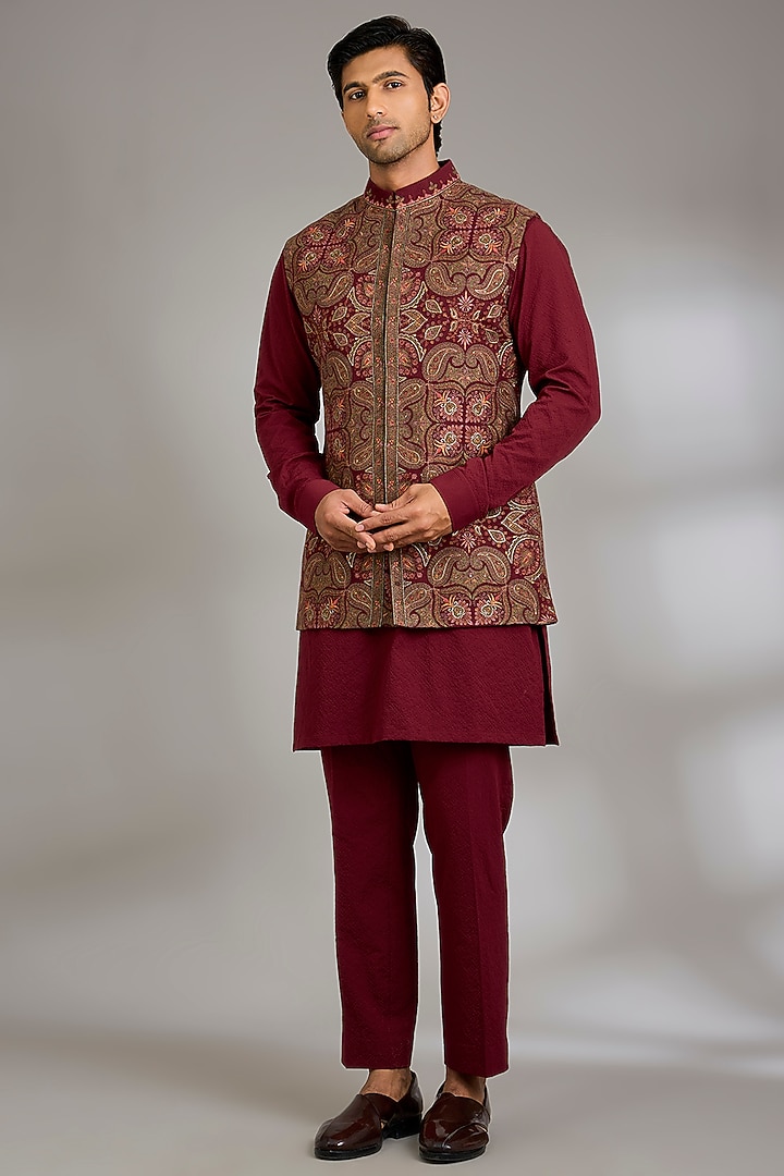Maroon Silk Bundi Jacket Set by Qbik Men at Pernia's Pop Up Shop