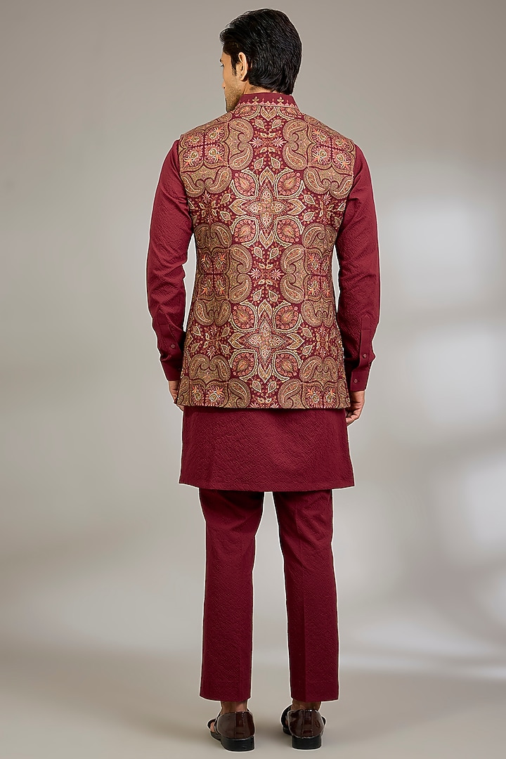 Maroon Silk Bundi Jacket Set by Qbik Men at Pernia's Pop Up Shop