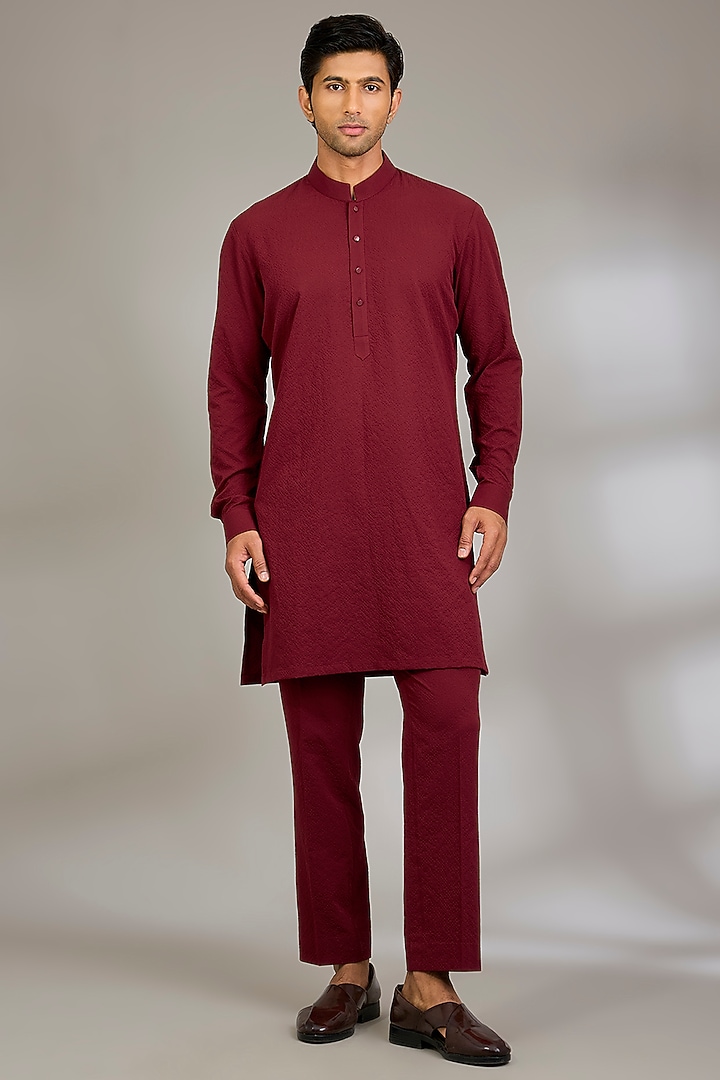 Maroon Silk Bundi Jacket Set by Qbik Men at Pernia's Pop Up Shop