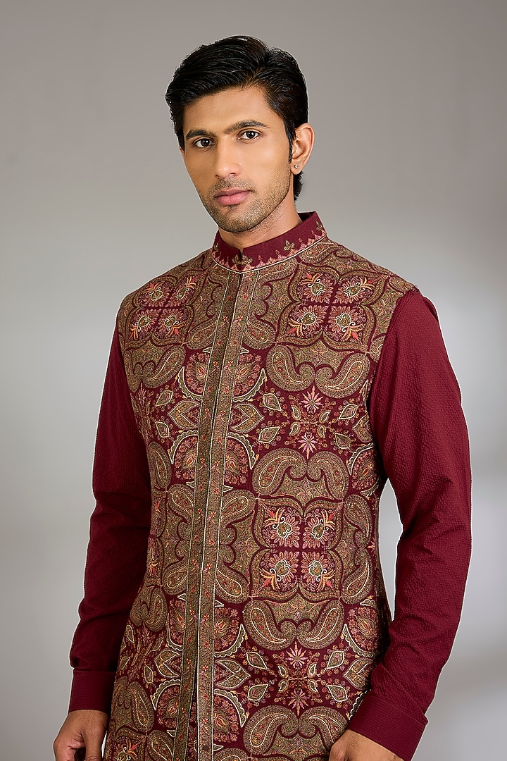 Maroon Silk Bundi Jacket Set by Qbik Men at Pernia's Pop Up Shop