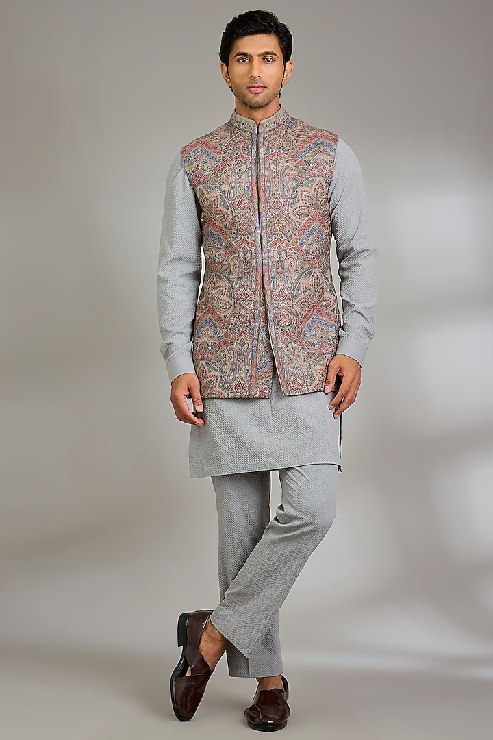 Grey Silk Bundi Jacket Set by Qbik Men at Pernia's Pop Up Shop