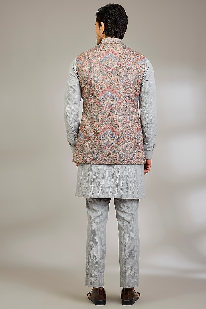 Grey Silk Bundi Jacket Set by Qbik Men at Pernia's Pop Up Shop