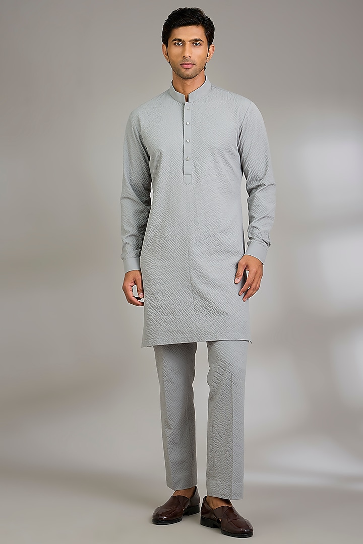 Grey Silk Bundi Jacket Set by Qbik Men at Pernia's Pop Up Shop