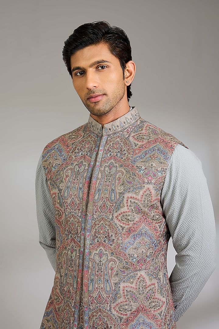 Grey Silk Bundi Jacket Set by Qbik Men at Pernia's Pop Up Shop