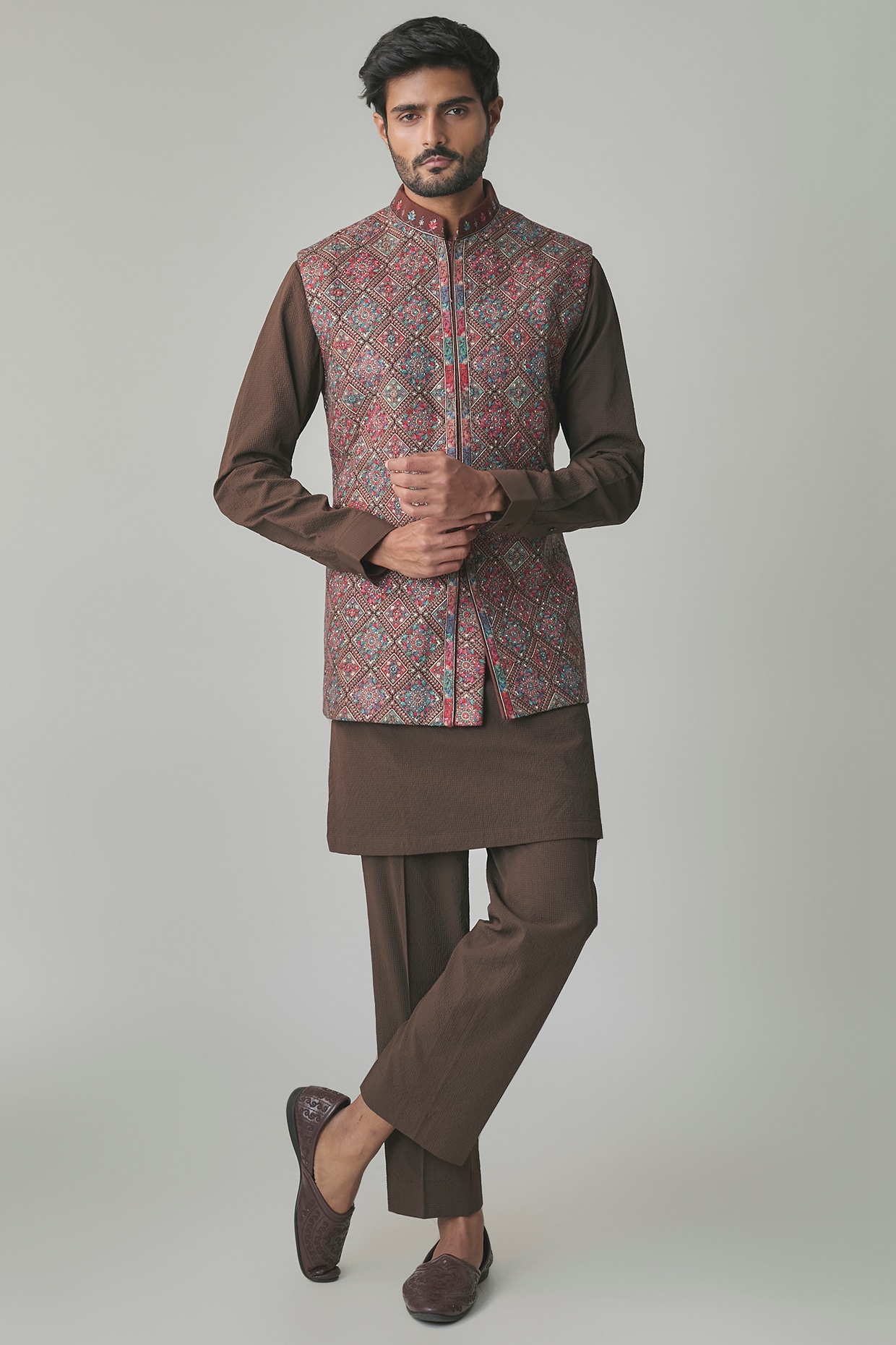 Qbik Brown Wool Silk Blend Bundi Jacket Set