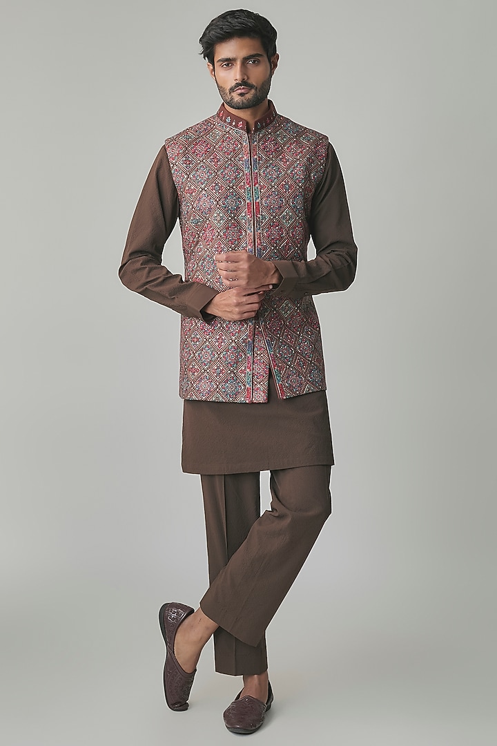 Brown Wool Silk Blend Bundi Jacket Set by Qbik Men at Pernia's Pop Up Shop