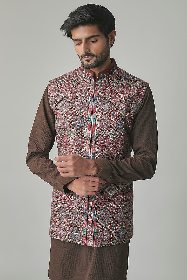 Brown Wool Silk Blend Bundi Jacket Set by Qbik Men at Pernia's Pop Up Shop