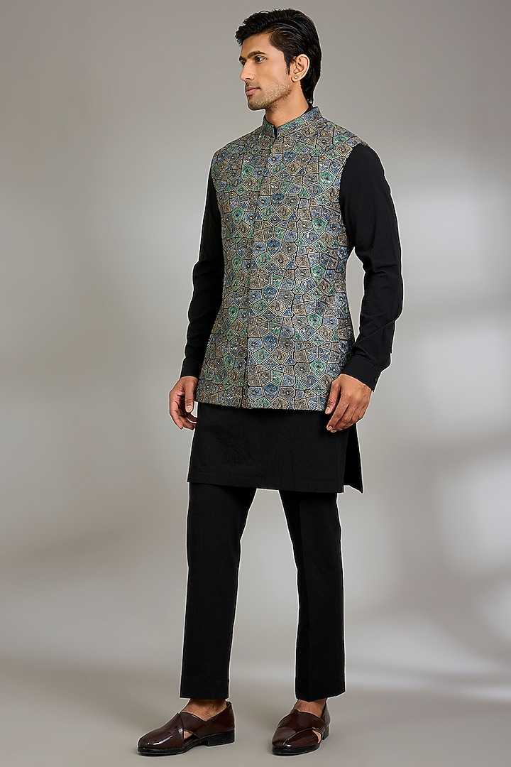 Black Silk Bundi Jacket Set by Qbik Men at Pernia's Pop Up Shop