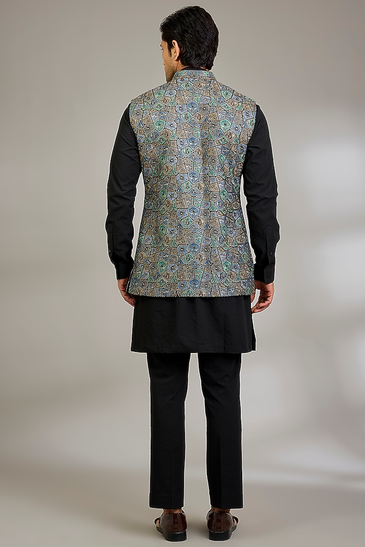 Black Silk Bundi Jacket Set by Qbik Men at Pernia's Pop Up Shop